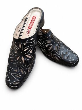 Pikolinos Vintage Black Leather Cutout Mule Clogs Euro 40 US 9